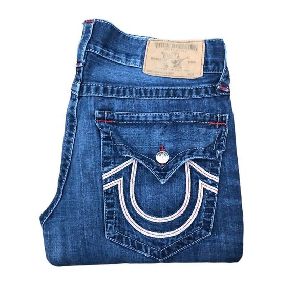 TRUE Religion Jeans Size 34 STRAIGHT FLAP NATURAL RED HORSESHOE Blue - Picture 1 of 10